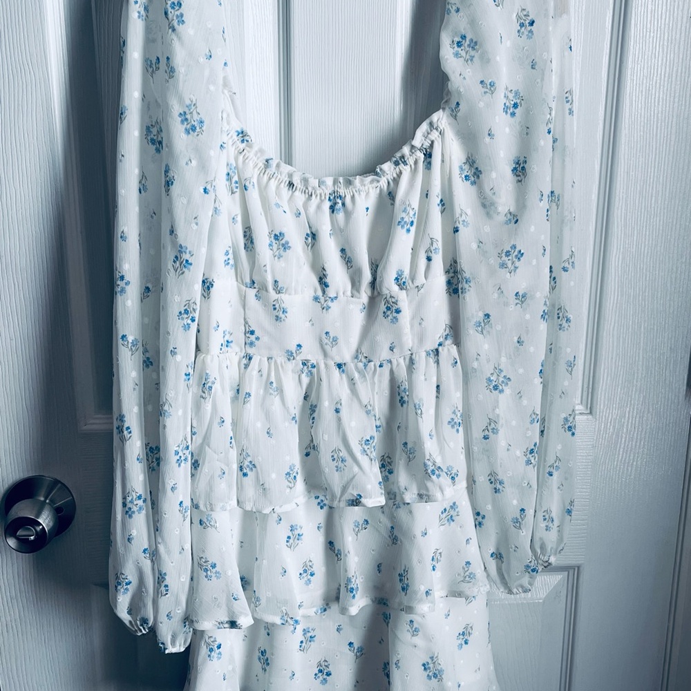 Altar’d State NWT Elegant White Dress with Blue Floral Pattern